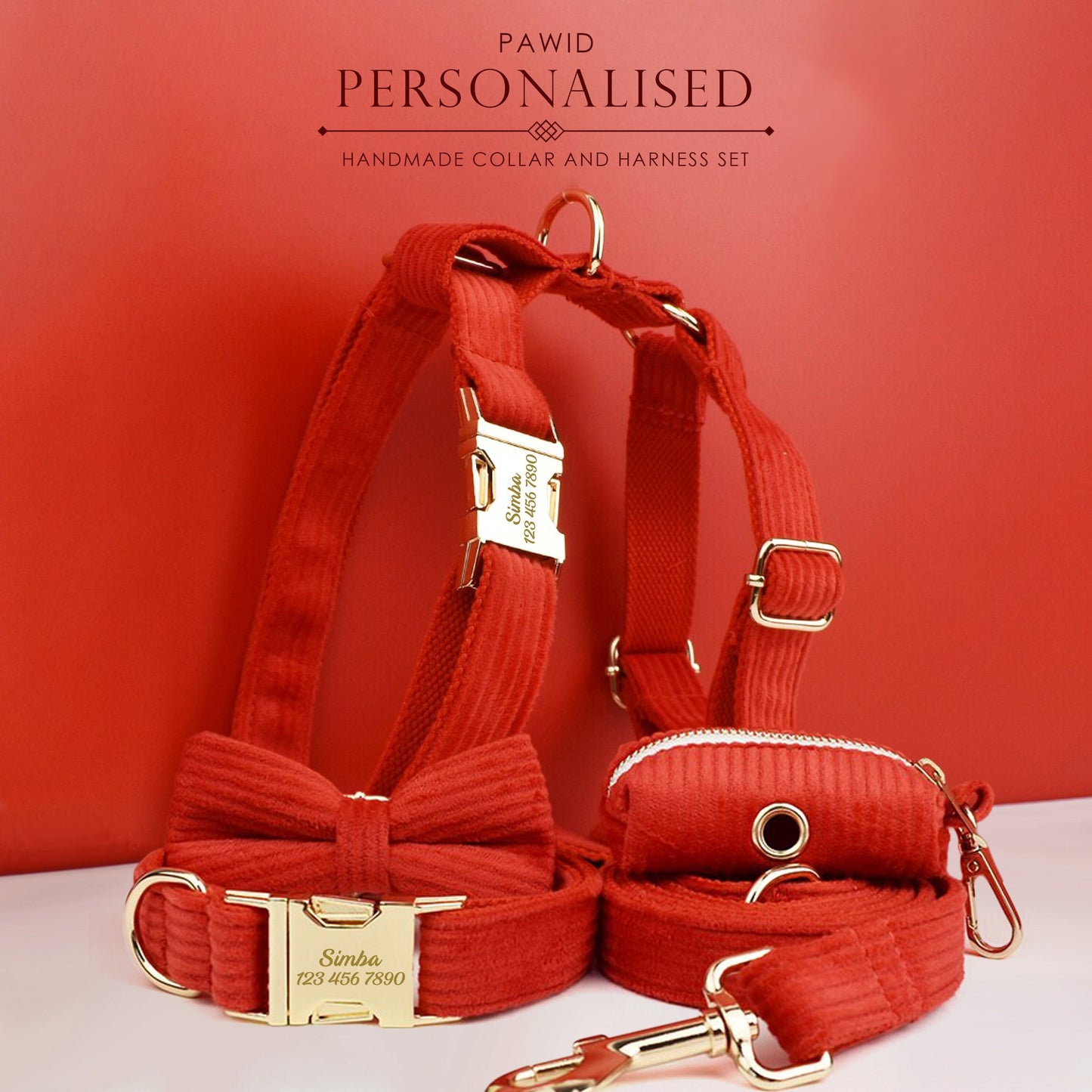 Custom Red Corduroy Personalised Dog Collar, Matching Dog Bowtie, Dog Leash, H-Style Dog Harness & Dog Poop Bag