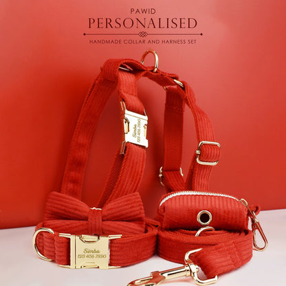 Custom Red Corduroy Personalised Dog Collar, Matching Dog Bowtie, Dog Leash, H-Style Dog Harness & Dog Poop Bag