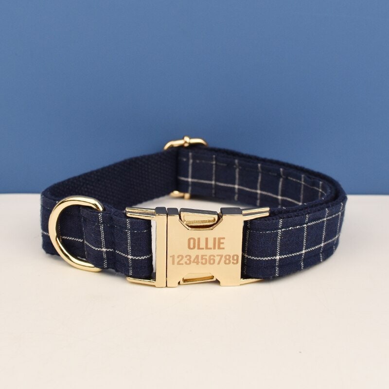 Custom Blue Navy Plaid Personalised Dog Collar, Matching Dog Bowtie, Flower, Leash, H-Style Dog Harness, Dog Poop Bag