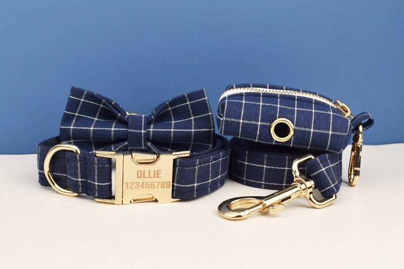 Custom Blue Navy Plaid Personalised Dog Collar, Matching Dog Bowtie, Flower, Leash, H-Style Dog Harness, Dog Poop Bag