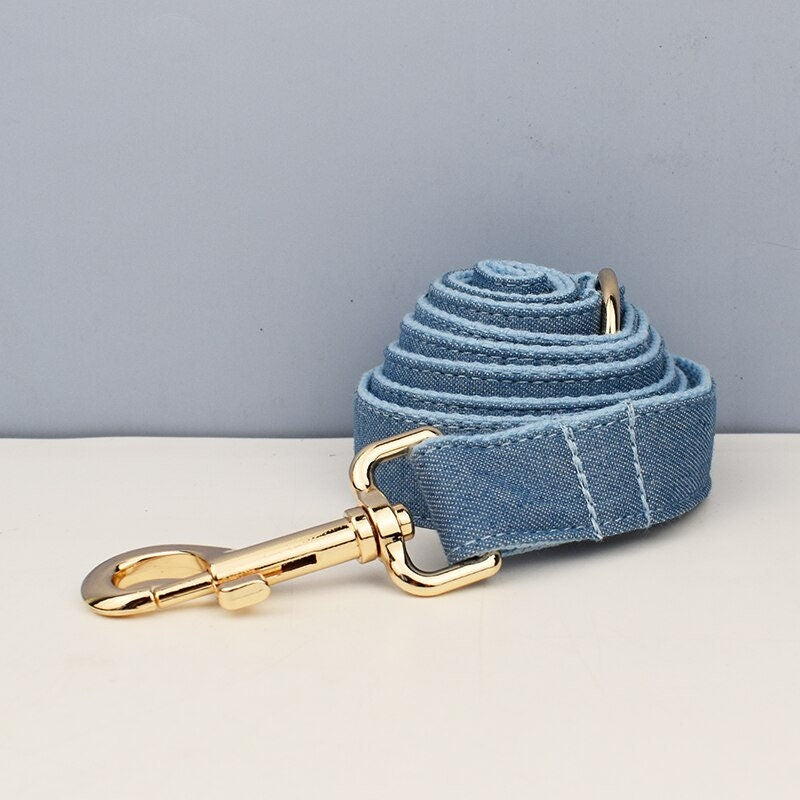 Blue Dog Collar in Jean Demin Fabric, Durable Personalised Collar, H Harness, Bow, Leash Set, for Boy Girl Small Big Dog