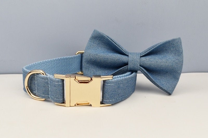Blue Dog Collar in Jean Demin Fabric, Durable Personalised Collar, H Harness, Bow, Leash Set, for Boy Girl Small Big Dog