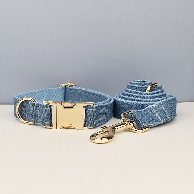 Blue Dog Collar in Jean Demin Fabric, Durable Personalised Collar, H Harness, Bow, Leash Set, for Boy Girl Small Big Dog