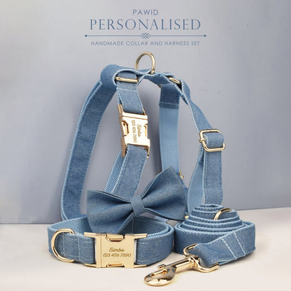 Blue Dog Collar in Jean Demin Fabric, Durable Personalised Collar, H Harness, Bow, Leash Set, for Boy Girl Small Big Dog