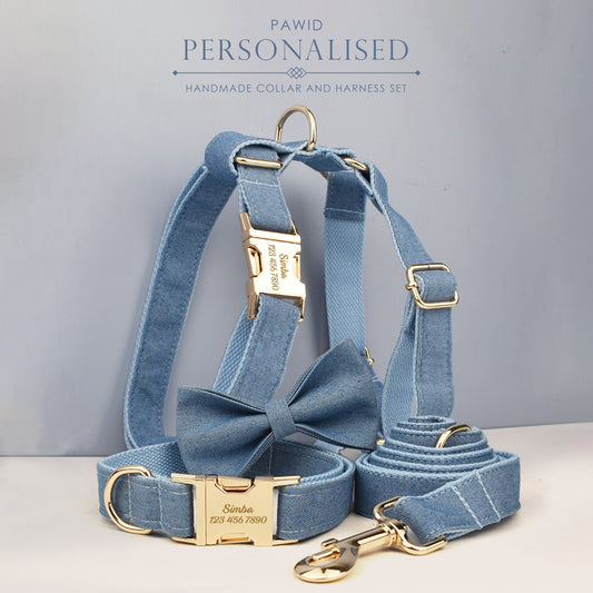 Blue Dog Collar in Jean Demin Fabric, Durable Personalised Collar, H Harness, Bow, Leash Set, for Boy Girl Small Big Dog