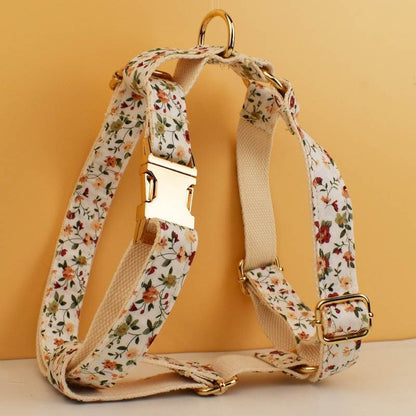 Floral White Dog Collar Personalised with Name, Custom Cute Harness, Flower, Bow, Lead - for Wedding, Birthday Small, Medium, to XXL Dogs