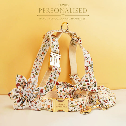 Floral White Dog Collar Personalised with Name, Custom Cute Harness, Flower, Bow, Lead - for Wedding, Birthday Small, Medium, to XXL Dogs