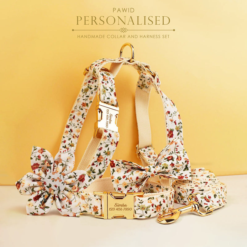 Floral White Dog Collar Personalized with Name, Custom Cute Harness, Flower, Bow, Lead - for Wedding, Birthday Small, Medium, to XXL Dogs