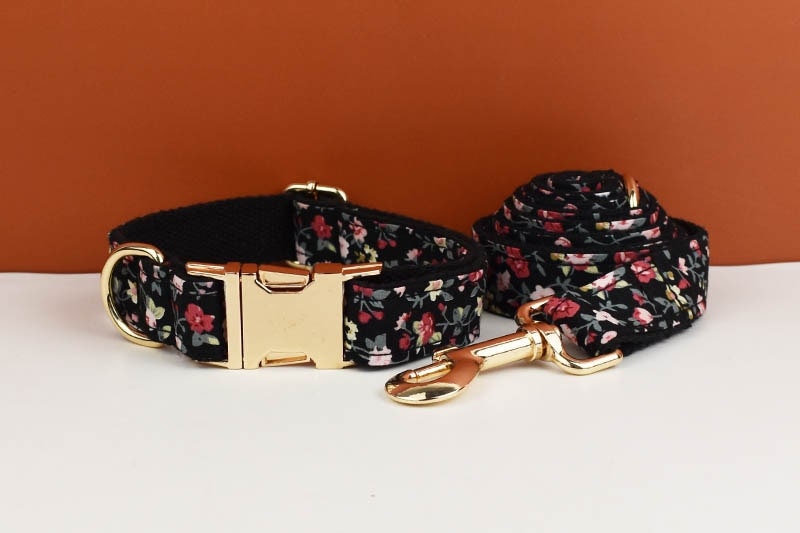 Floral Dog Collar Girl Female Dog in Black Flower Fabric Personalised with Name, Cute Dog Accessories Bow, Leash, H-Style Dog Harness
