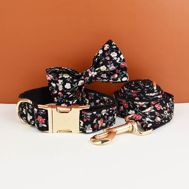 Floral Dog Collar Girl Female Dog in Black Flower Fabric Personalised with Name, Cute Dog Accessories Bow, Leash, H-Style Dog Harness