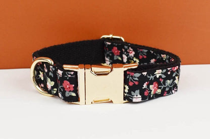 Floral Dog Collar Girl Female Dog in Black Flower Fabric Personalised with Name, Cute Dog Accessories Bow, Leash, H-Style Dog Harness