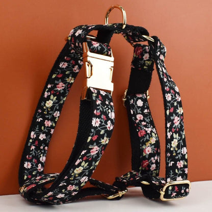 Floral Dog Collar Girl Female Dog in Black Flower Fabric Personalised with Name, Cute Dog Accessories Bow, Leash, H-Style Dog Harness