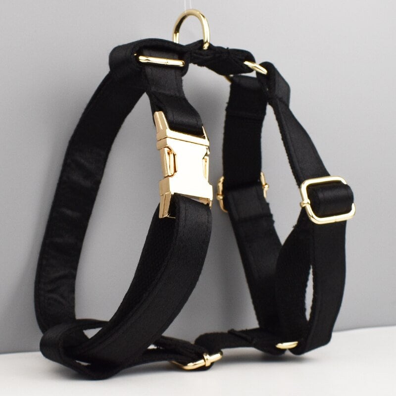 Black Dog Collar, Custom Satin Silky Black H-Style Dog Harness with Name, Dog Poop Bag, Leash, Sailor Bow for Wedding