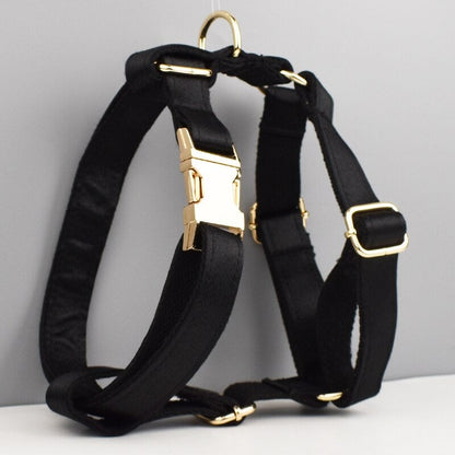 Black Dog Collar, Custom Satin Silky Black H-Style Dog Harness with Name, Dog Poop Bag, Leash, Sailor Bow for Wedding