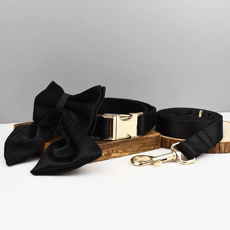 Black Dog Collar, Custom Satin Silky Black H-Style Dog Harness with Name, Dog Poop Bag, Leash, Sailor Bow for Wedding