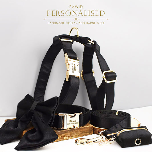 Black Dog Collar, Custom Satin Silky Black H-Style Dog Harness with Name, Dog Poop Bag, Leash, Sailor Bow for Wedding