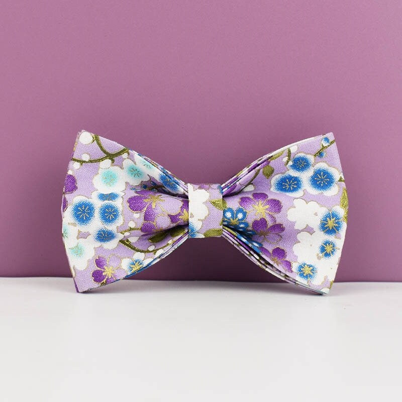 Custom Dog Harness in Purple Japanese Floral, Personalised Dog Collar with Name, Bowtie, Leash, H-Style Harness for Female Dog