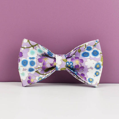 Custom Dog Harness in Purple Japanese Floral, Personalised Dog Collar with Name, Bowtie, Leash, H-Style Harness for Female Dog