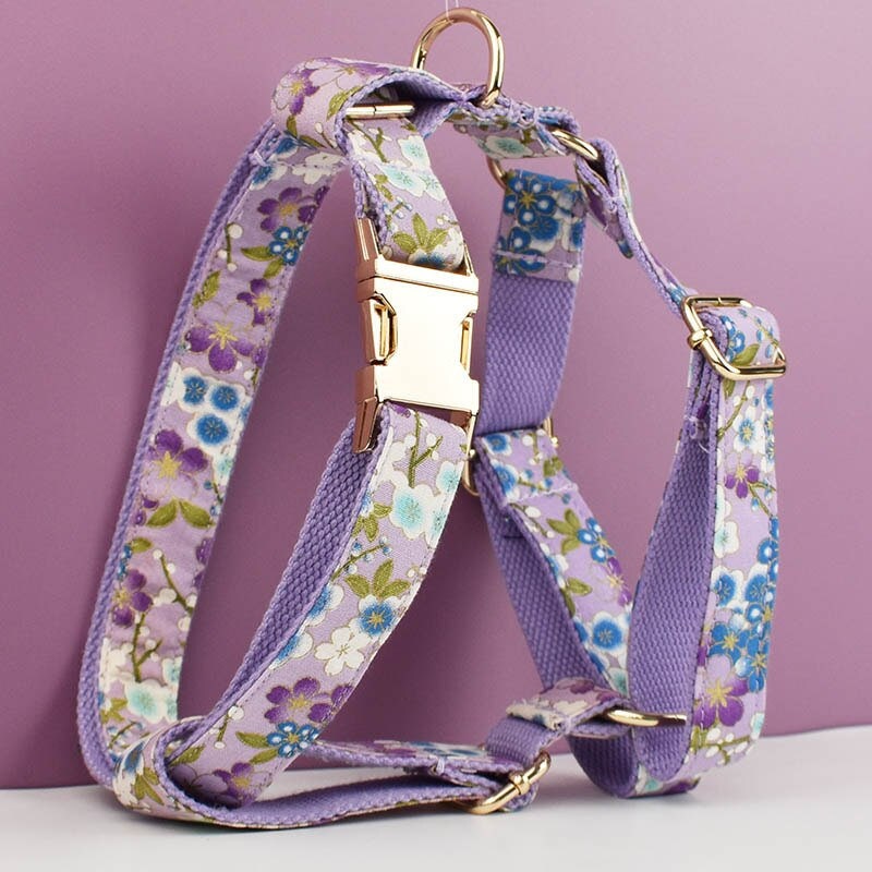 Custom Dog Harness in Purple Japanese Floral, Personalised Dog Collar with Name, Bowtie, Leash, H-Style Harness for Female Dog