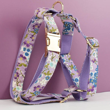 Custom Dog Harness in Purple Japanese Floral, Personalised Dog Collar with Name, Bowtie, Leash, H-Style Harness for Female Dog