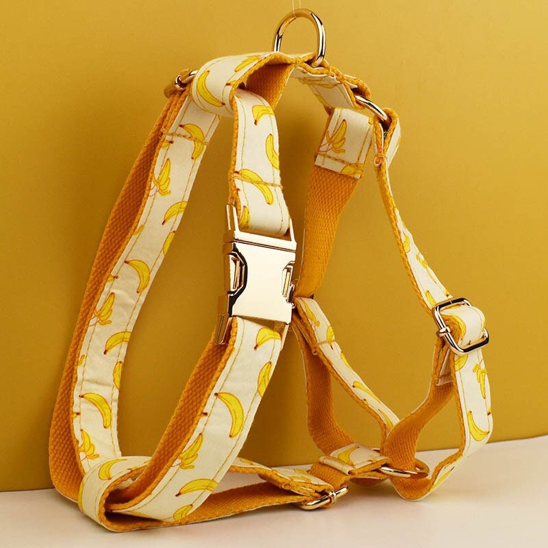 Custom Yellow Banana Dog Harness Set - Personalised Dog Collar, Bowtie, Leash, H Harness for Small, Medium, and Large Dogs - Various Combo