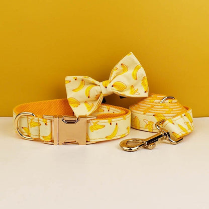 Custom Yellow Banana Dog Harness Set - Personalised Dog Collar, Bowtie, Leash, H Harness for Small, Medium, and Large Dogs - Various Combo
