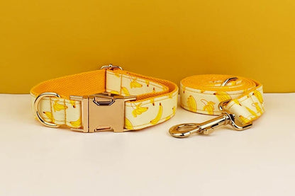 Custom Yellow Banana Dog Harness Set - Personalised Dog Collar, Bowtie, Leash, H Harness for Small, Medium, and Large Dogs - Various Combo