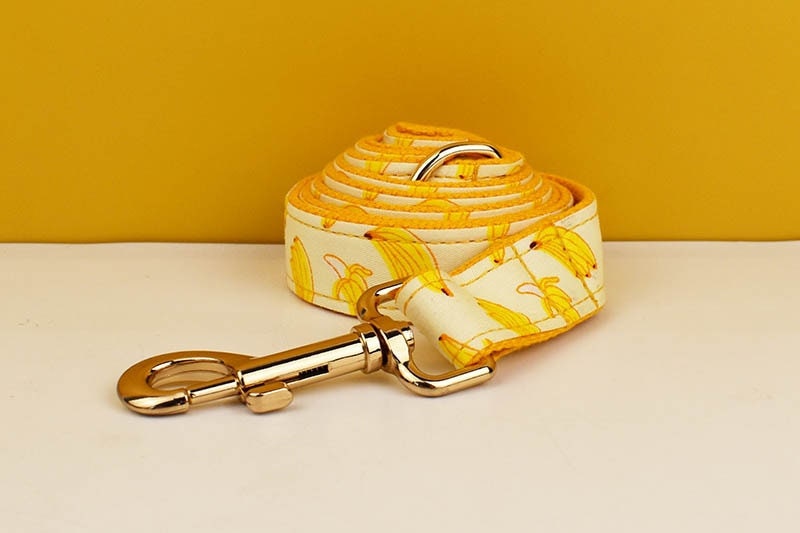 Custom Yellow Banana Dog Harness Set - Personalised Dog Collar, Bowtie, Leash, H Harness for Small, Medium, and Large Dogs - Various Combo