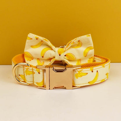 Custom Yellow Banana Dog Harness Set - Personalised Dog Collar, Bowtie, Leash, H Harness for Small, Medium, and Large Dogs - Various Combo