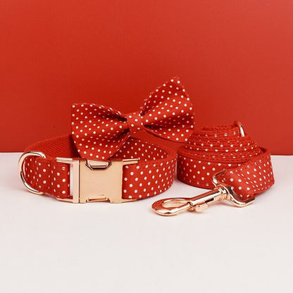 Custom Red Polka Dot Personalised Dog Collar, Matching Dog Bowtie, Dog Leash, H-Style Dog Harness