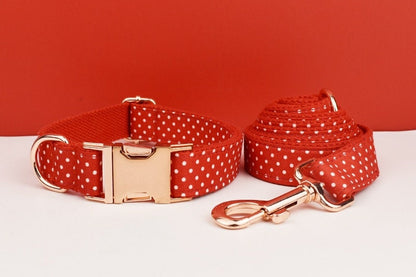 Custom Red Polka Dot Personalised Dog Collar, Matching Dog Bowtie, Dog Leash, H-Style Dog Harness