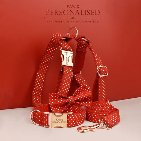Custom Red Polka Dot Personalised Dog Collar, Matching Dog Bowtie, Dog Leash, H-Style Dog Harness