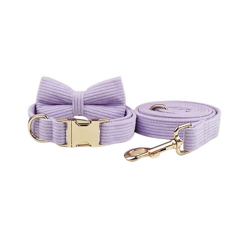 Purple Dog Collar Custom with Name in Corduroy, Personalised H-Style Dog Harness, Bowtie, Leash, Dog Poop Bag