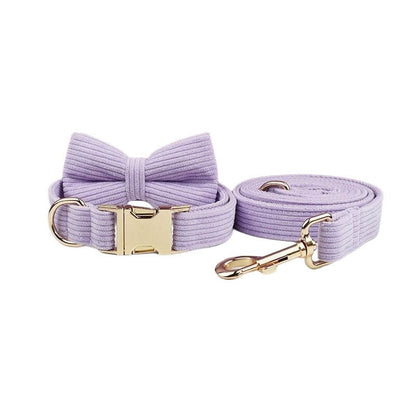 Purple Dog Collar Custom with Name in Corduroy, Personalised H-Style Dog Harness, Bowtie, Leash, Dog Poop Bag