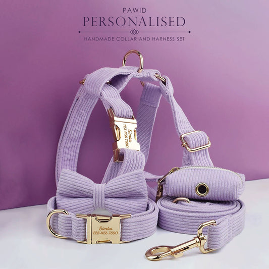 Purple Dog Collar Custom with Name in Corduroy, Personalised H-Style Dog Harness, Bowtie, Leash, Dog Poop Bag