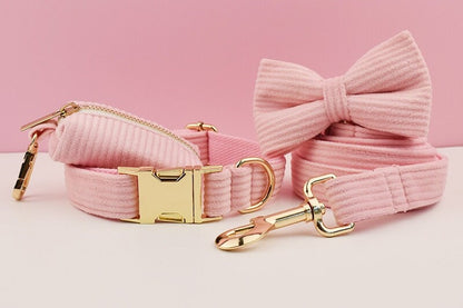 Custom Pink Corduroy Personalised Dog Collar, Matching Dog Bowtie, Dog Leash, H-Style Dog Harness & Dog Poop Bag