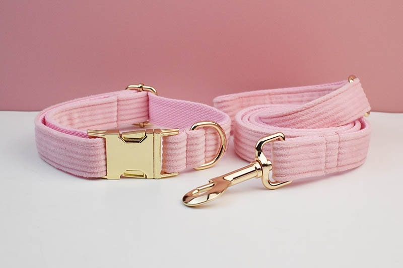 Custom Pink Corduroy Personalised Dog Collar, Matching Dog Bowtie, Dog Leash, H-Style Dog Harness & Dog Poop Bag
