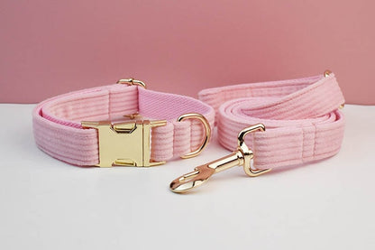 Custom Pink Corduroy Personalised Dog Collar, Matching Dog Bowtie, Dog Leash, H-Style Dog Harness & Dog Poop Bag