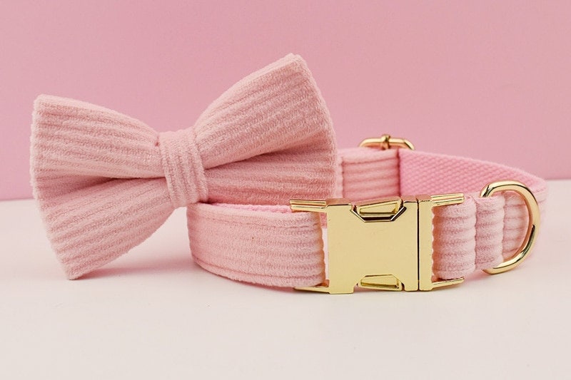 Custom Pink Corduroy Personalised Dog Collar, Matching Dog Bowtie, Dog Leash, H-Style Dog Harness & Dog Poop Bag
