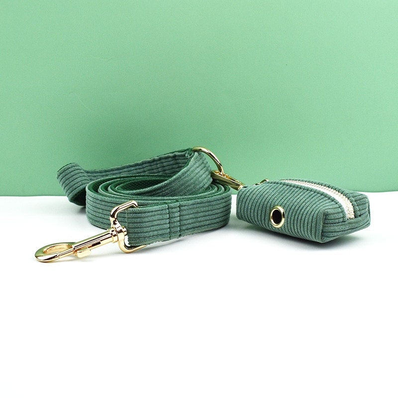 Custom Dark Green Corduroy Personalised Dog Collar, Matching Dog Bowtie, Dog Leash, H-Style Dog Harness & Dog Poop Bag