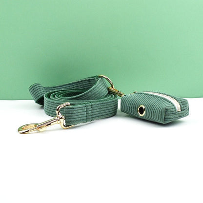 Custom Dark Green Corduroy Personalised Dog Collar, Matching Dog Bowtie, Dog Leash, H-Style Dog Harness & Dog Poop Bag