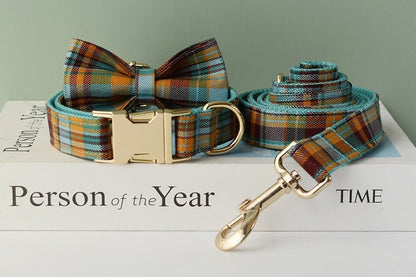 Custom Tartan Personalised Dog Collar, Matching Dog Bowtie, Dog Leash, Roman Dog Harness, Different Combo, Blue Plaid Dog Collar