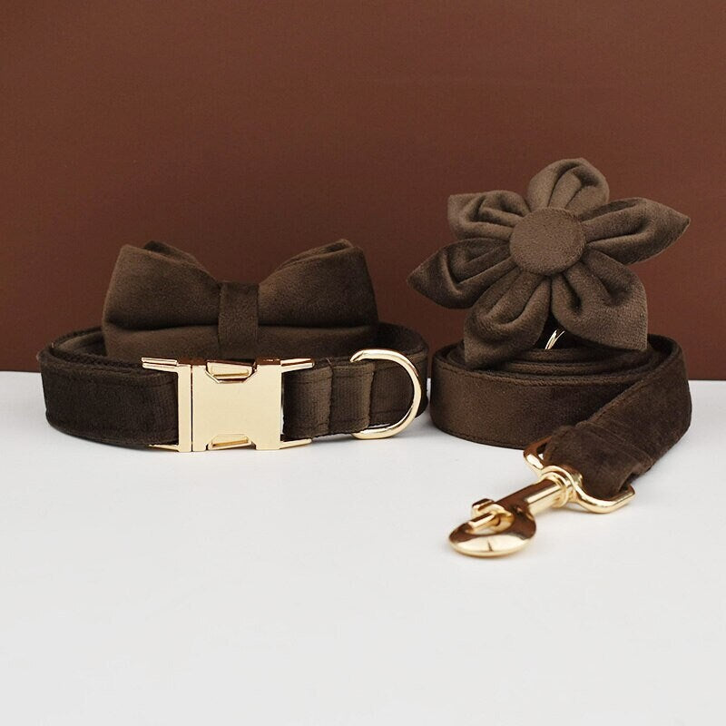 Custom Dark Brown Velvet Personalised Dog Collar, Matching Dog Bowtie, Dog Flower, Leash, H-Style Harness & Dog Poop Bag