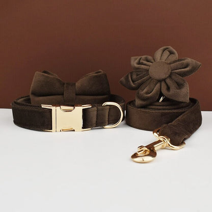 Custom Dark Brown Velvet Personalised Dog Collar, Matching Dog Bowtie, Dog Flower, Leash, H-Style Harness & Dog Poop Bag