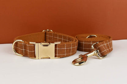 Brown Plaid Dog Collar with Buckle Name, Checker Style Matching H-Style Personalised Dog Harness, Bowtie, Leash Set