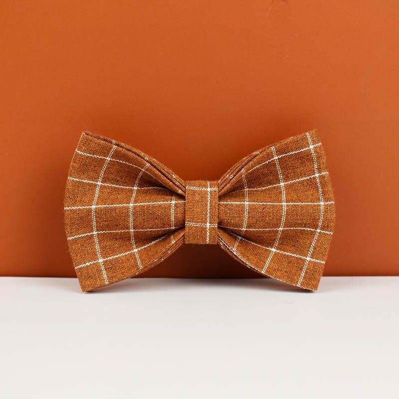 Brown Plaid Dog Collar with Buckle Name, Checker Style Matching H-Style Personalised Dog Harness, Bowtie, Leash Set