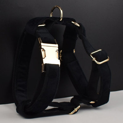 Black Personalised Female or Male Dog Collar with Name, Custom H-Style Dog Harness or Leash, Bow, Poop Bag Holder for Wedding or Daily Use