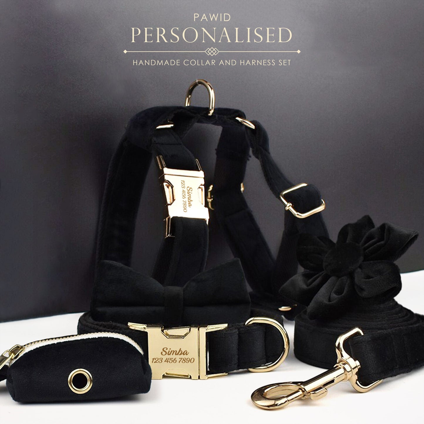 Black Personalised Female or Male Dog Collar with Name, Custom H-Style Dog Harness or Leash, Bow, Poop Bag Holder for Wedding or Daily Use