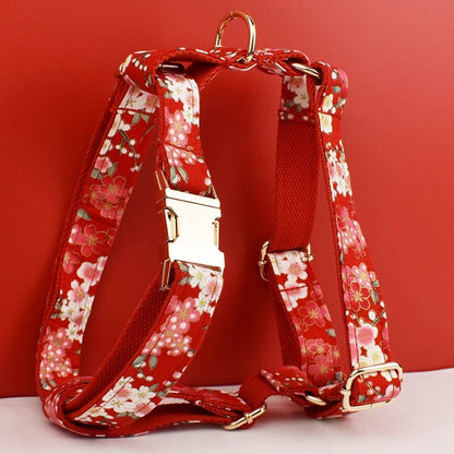 Girl Dog Collar Accessories Featuring Japanese Red Floral H-Style Harness, Lead, Flower, Bowtie Dog Gift for Small Medium Large Female Dogs