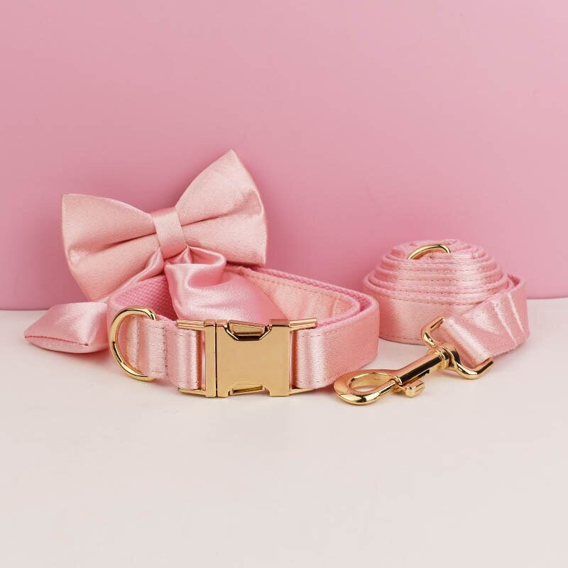 Wedding Pink Dog Harness in Silky Satin, Custom Girl Princess Dog Collar with Name, Sailor Bow, Leash, for Small Large Female Dogs